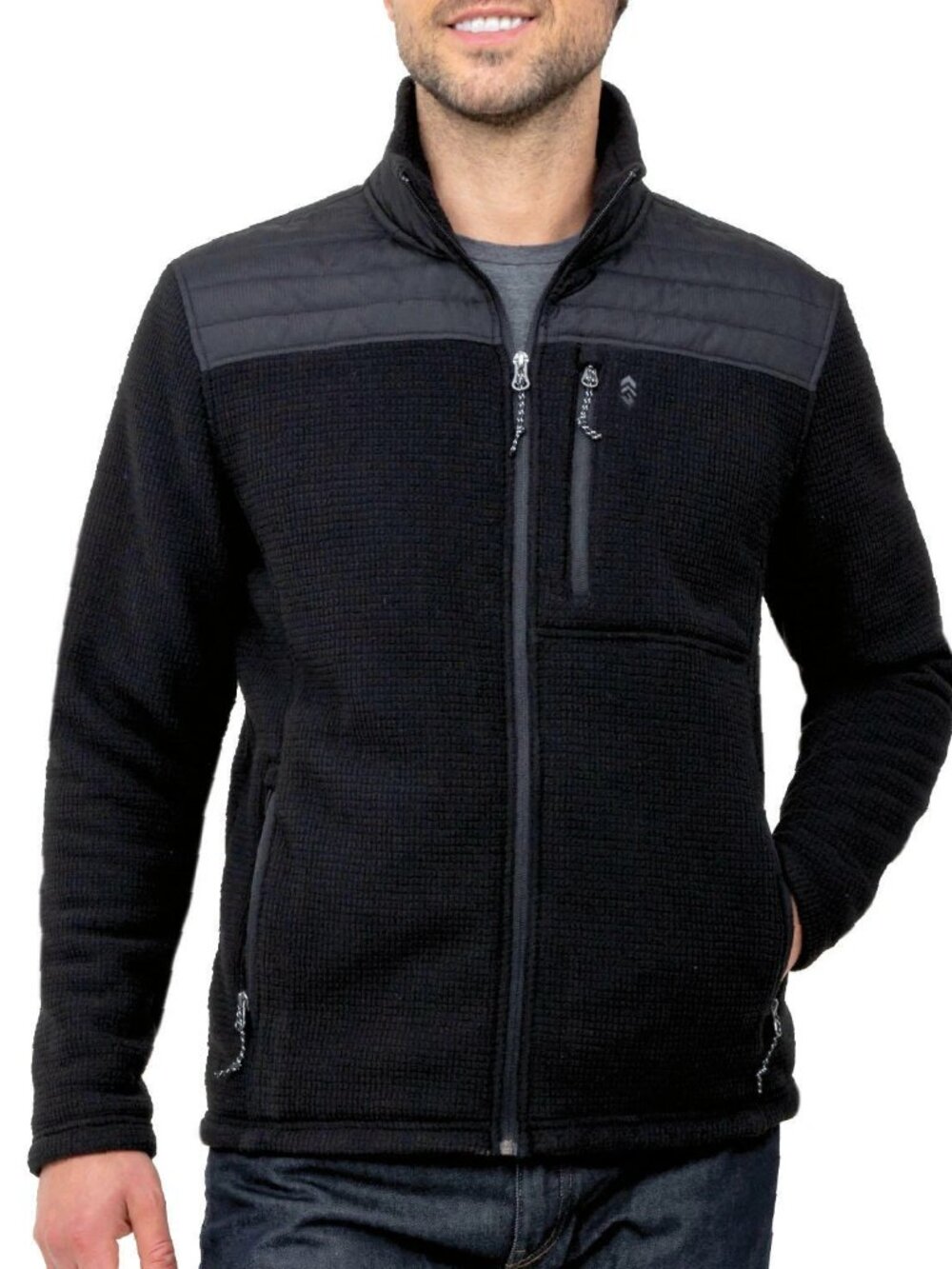 Free Country Mens Grid Fleece Lightweight Soft Full Zip Jacket Black Large 42-44